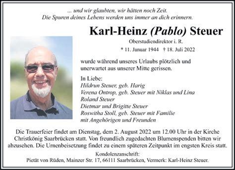 Traueranzeigen Von Karl Heinz Steuer Saarbruecker Zeitung Trauer De