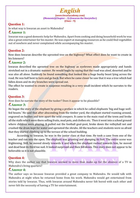 Ncert Solutions For Class 9 English Chapter 3 Iswaran The Storyteller