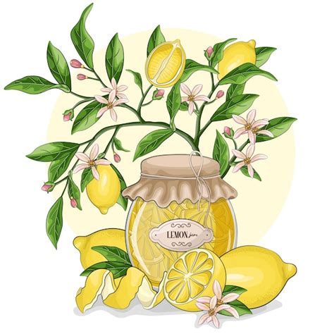 Premium Vector Lemon Jam With Tree Branch Cartoon Vector Illustration