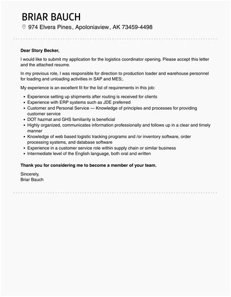 Logistics Coordinator Cover Letter Velvet Jobs