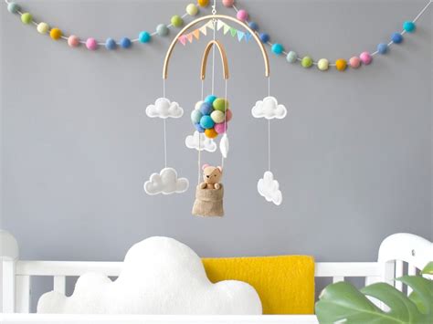 Teddy Bear Baby Mobile Hot Air Balloon In Pastel Colours And Clouds