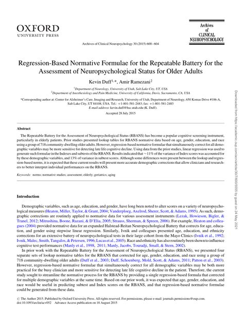 Pdf Regression Based Normative Formulae For The Repeatable Battery