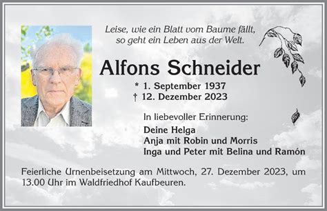 Traueranzeigen Von Alfons Schneider Allg Uer Zeitung