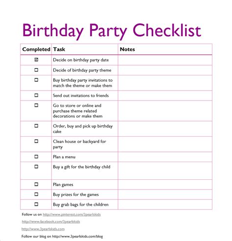 Printable Birthday Party Checklist