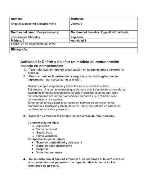 Actividad Compensasiones Y Prestaciones Laborales Nombre Angeles