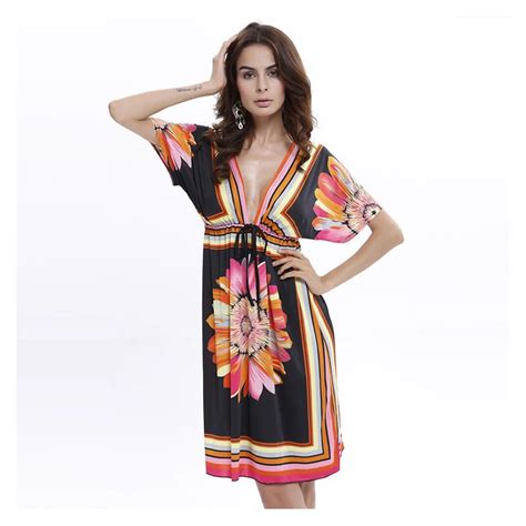 2017 Summer Women Dress Sexy Loose Sundresses Deep V Ethnic Dashiki