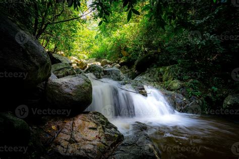 Waterfall is flowing in jungle. Waterfall in green forest. Mountain ...