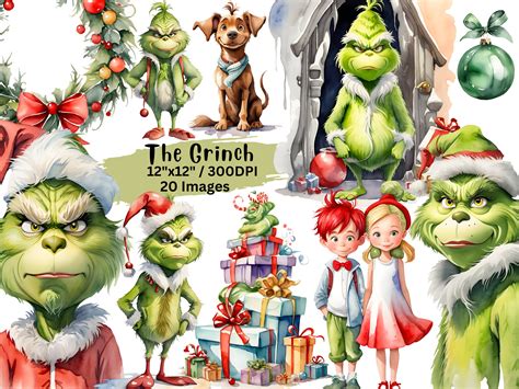 The Grinch Watercolor Clipart Full Watercolor Clipart Set Hand Drawn