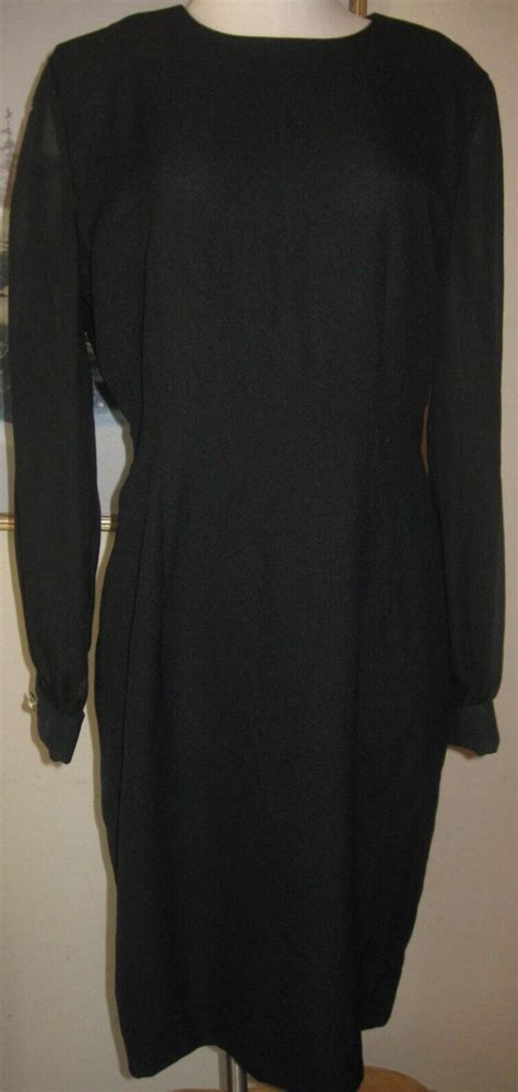 Leslie Fey Black Cocktail Dress Sheer Sleeves Sleek L Gem