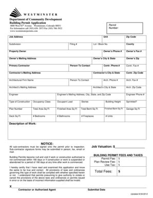 Fillable Online Ci Westminster Co Building Permit Application 827