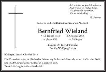 Traueranzeigen Von Bernfried Wieland Vrm Trauer De