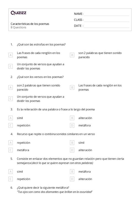 Poemas Hojas De Trabajo Para Grado En Quizizz Gratis E Imprimible