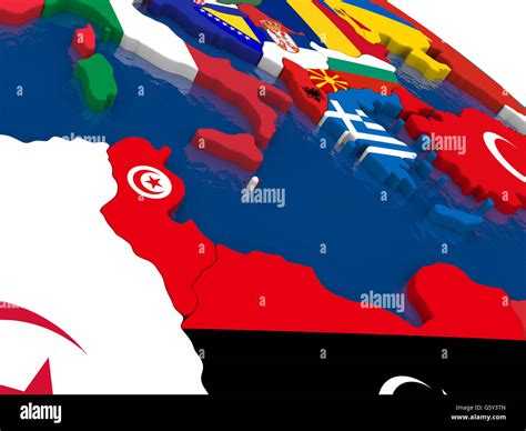 Map Of Tunisia With Embedded Flags On 3D Political Map Accurate