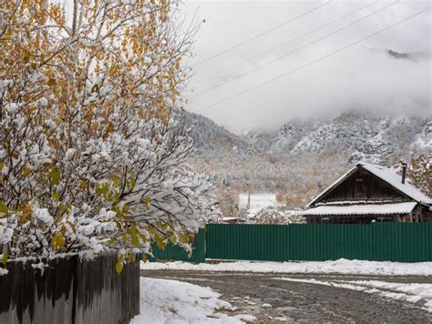 Russian Rural Village Chemal In The Snow Village Street With Wooden