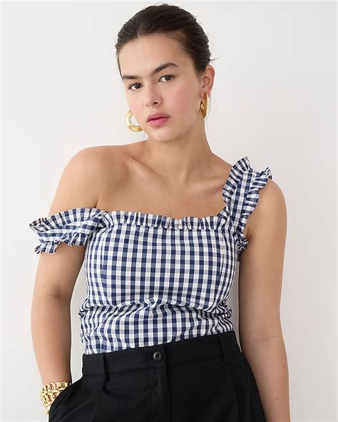 J Crew Ruffle Trim Stretch Cotton Poplin Top In Gingham For Women