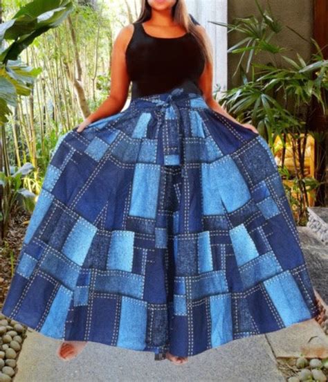 African Print Ankara Long Maxi Skirt With Matching Sash Blue Denim Look