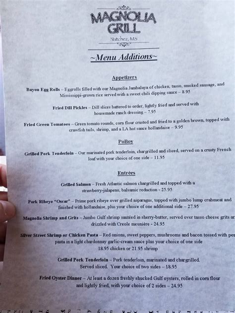 Menu at Magnolia Grill steakhouse, Natchez