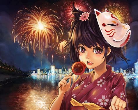 Firework Scenic Sea City Anime Fireworks Yukata Hot Anime Girl