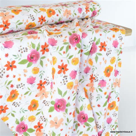 Coupon De Cm De Double Gaze De Coton Mathilde Motif Fleurs Roses Et