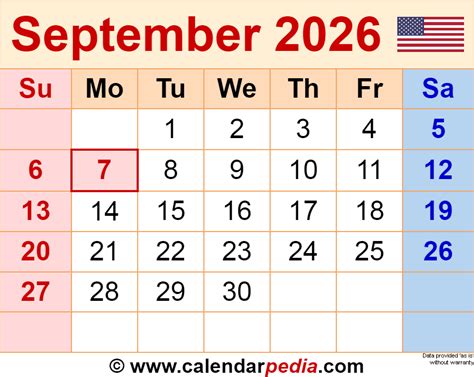 September 2026 Calendar | Templates for Word, Excel and PDF