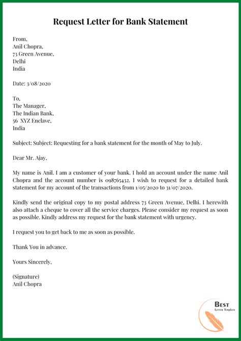 Request Letter For Bank Statementbank Statement Request Letter Format