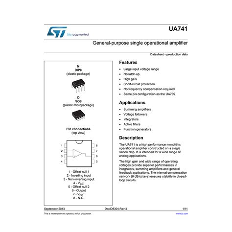 Ua741 St Operational Amplifier Datasheet