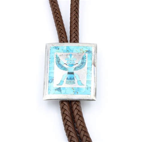 Zuni Hm Coonsis Signed Sterling Turquoise Inlay Knife Wing Bolo Tie