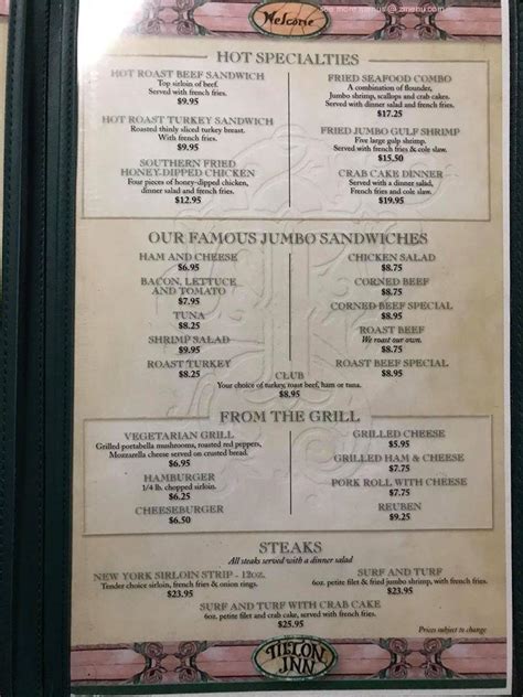 Menu at Tilton Inn pub & bar, Egg Harbor Township, 6823 Tilton Rd