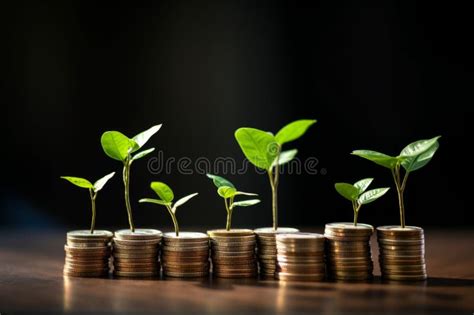 A Seedling Growing On A Pile Of Coins Has A Natural Backdrop Blurry