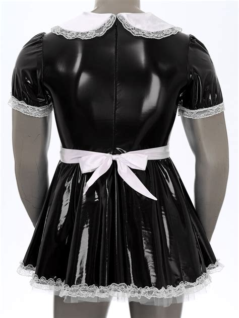 Mens Patent Leather Wet Look Anime Cosplay French Apron Maid Fancy