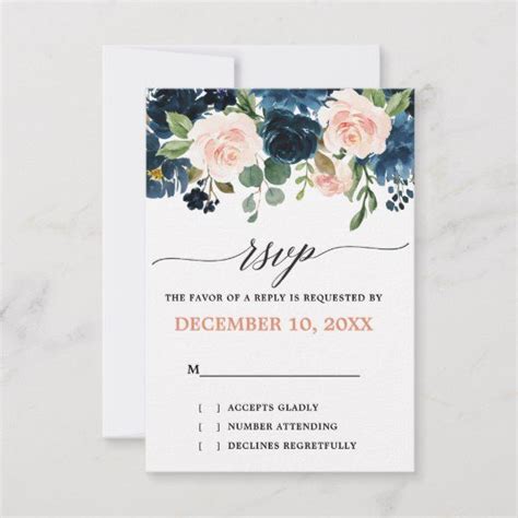 Navy Blue Blush Pink Rose Boho Wedding RSVP Zazzle Boho Wedding