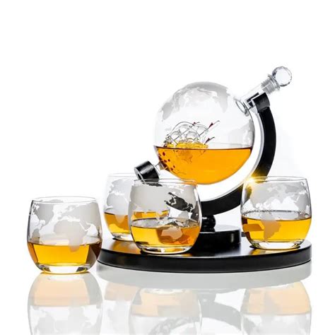 Buy Don Vassie Etched Globe Decanter Set With 4 Etched Glasses And A Round Pine Base Mydeal