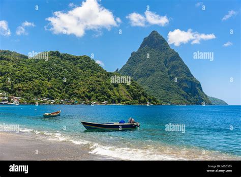 Paradise Beach At Soufriere Bay With View To Piton At Small Town