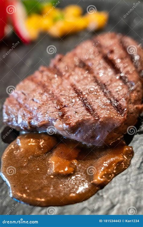 Delicious Medium Rare Wagyu Beef Steak With Gravy Sauce Stock Image