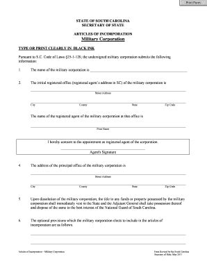 Fillable Online Sos Sc Articles Of Incorporation Military Corporation