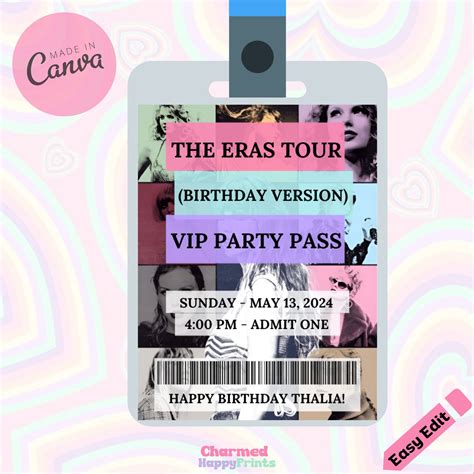 Eras Tour Vip Pass Printable Party Vip Pass Taylor Party Favors Eras Tour Party Decorations Eras