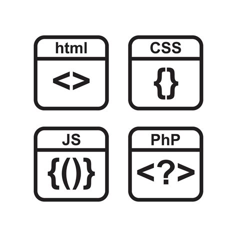 Web design, coding and programming flat icons set PHP, HTML, CSS, JS