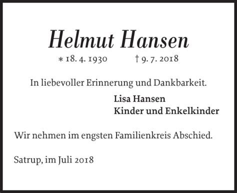 Traueranzeigen Von Helmut Hansen Sh Z Trauer