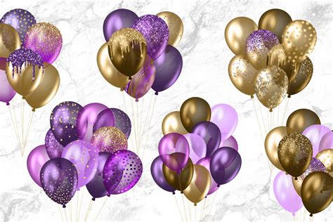 Purple And Gold Balloons Clipart Glitter Balloon Png Digital Etsy