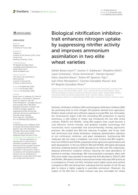 Pdf Biological Nitrification Inhibitor Trait Enhances Nitrogen Uptake By Suppressing Nitrifier