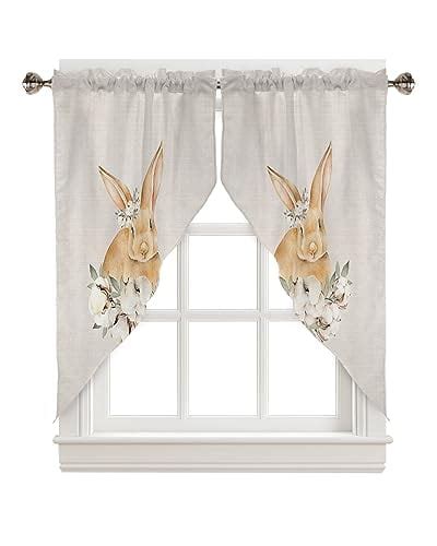 Easter Swag Valance Curtains Black White Buffalo Plaid Rabbit Linen