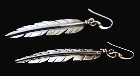 Item 1007A Large Navajo Sterling Silver Feather Dangle Earrings By EM