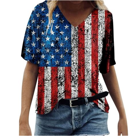 Brnmxoke Patriotic Shirts Women Womens American Flag Shirt V Neck Short