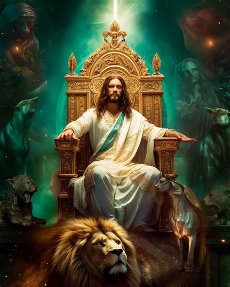 Premium AI Image | Jesus sitting on a throne with a lion on the back