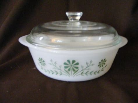 Vintage Glasbake Casserole Dish J Qt Green Daisy Milk Glass