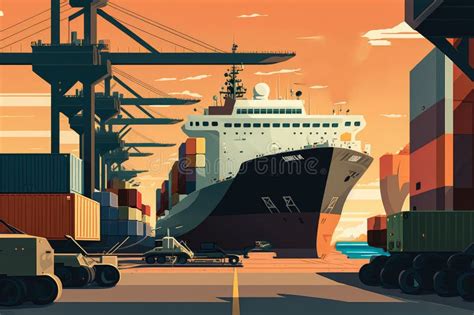 Container Yard with a Cargo Ship in the Background Stock Illustration - Illustration of ...