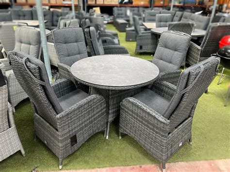 Round Rattan Dining Set With Reclining Chairs Stone Grey Sapcote