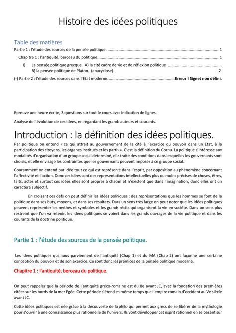 Cours Id Es Politiques Histoire Des Id Es Politiques Table Des