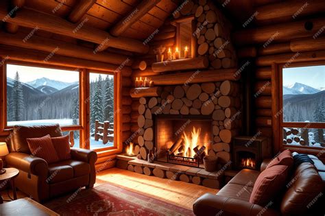 Premium AI Image | A log cabin with a fireplace and a view of the mountains