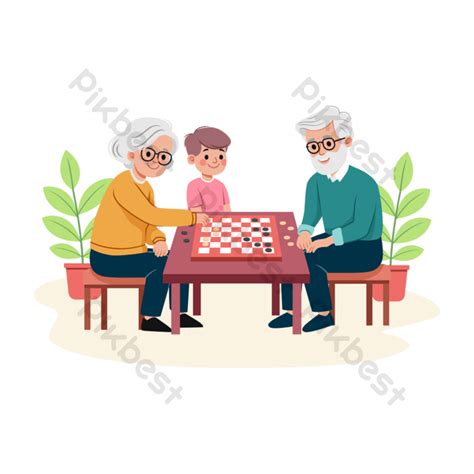 Grandchildren Flat Illustration Of Grandparents And Playing Checkers Game Vector PNG Images ...